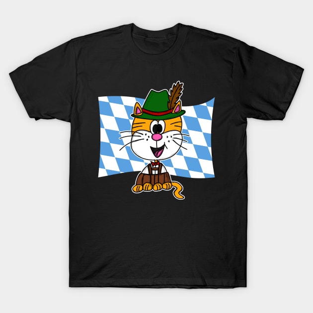 Bavarian Flag Cat Tyrolean Hat Lederhosen Germany Funny T-Shirt by doodlerob